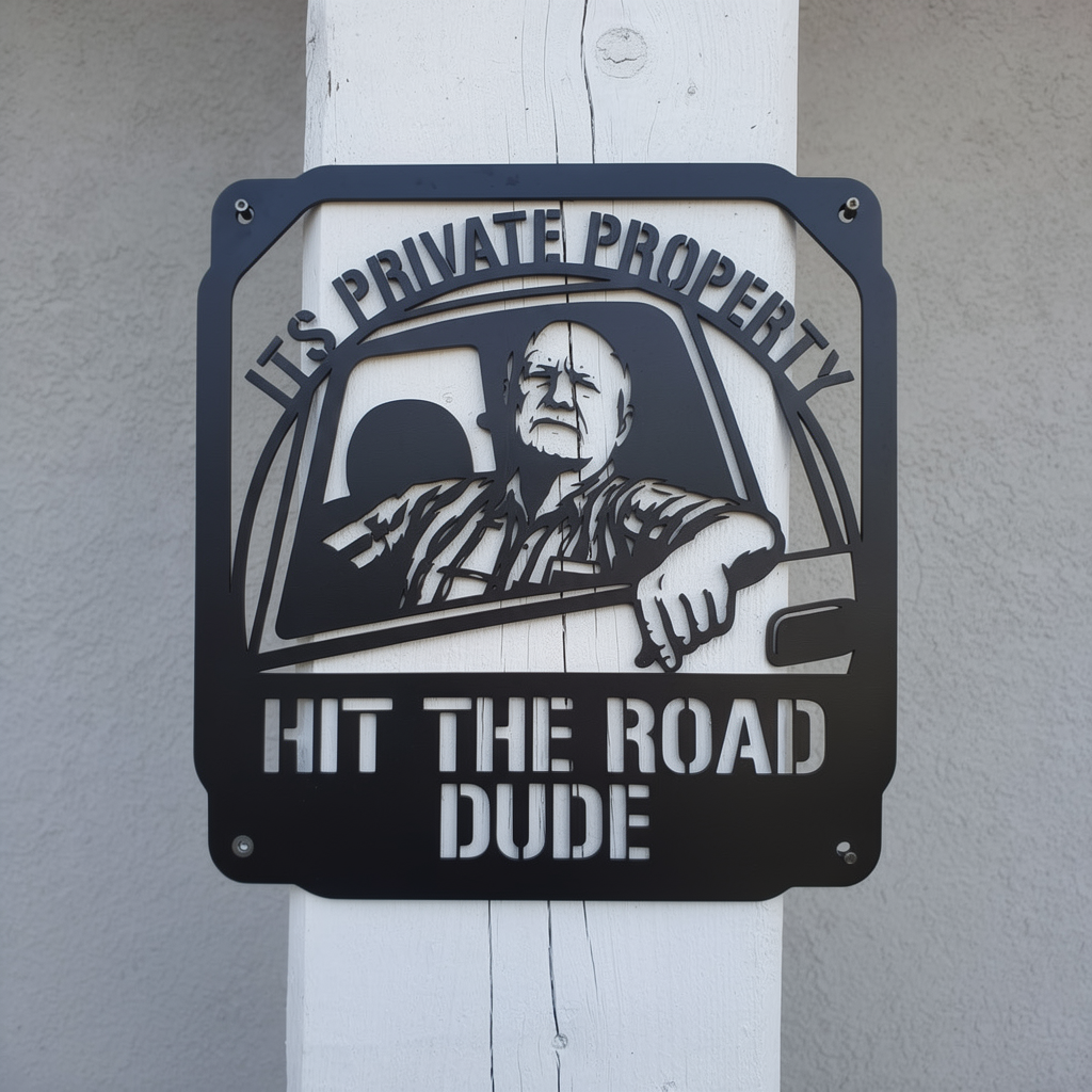 Square private property metal sign Hit the Road, Dude in black steel – image 7