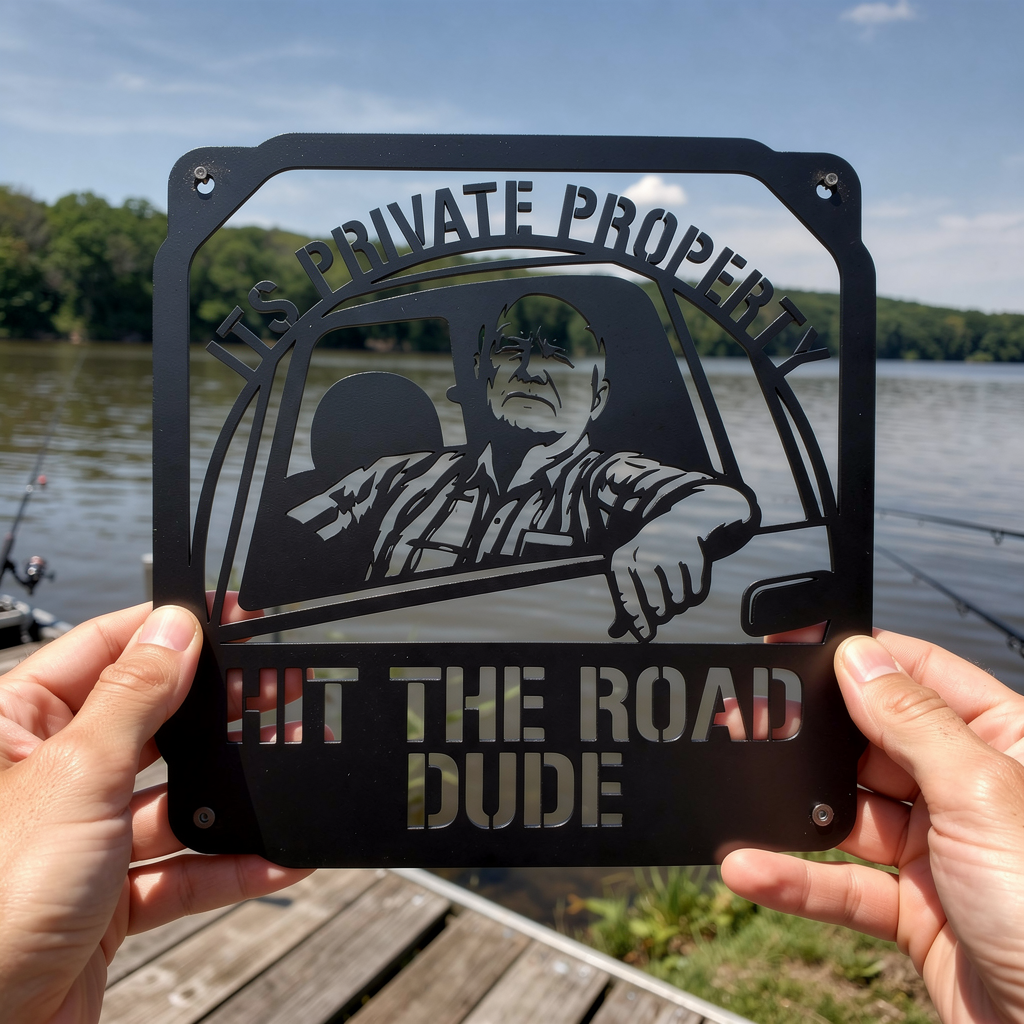Square private property metal sign Hit the Road, Dude in black steel – image 8