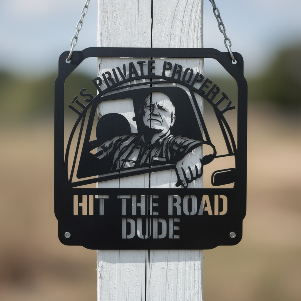 Square private property metal sign Hit the Road, Dude in black steel – image 9
