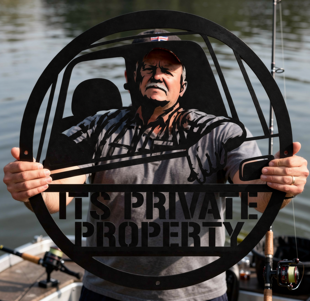 Round private property sign with man in pickup truck in black steel – image 2