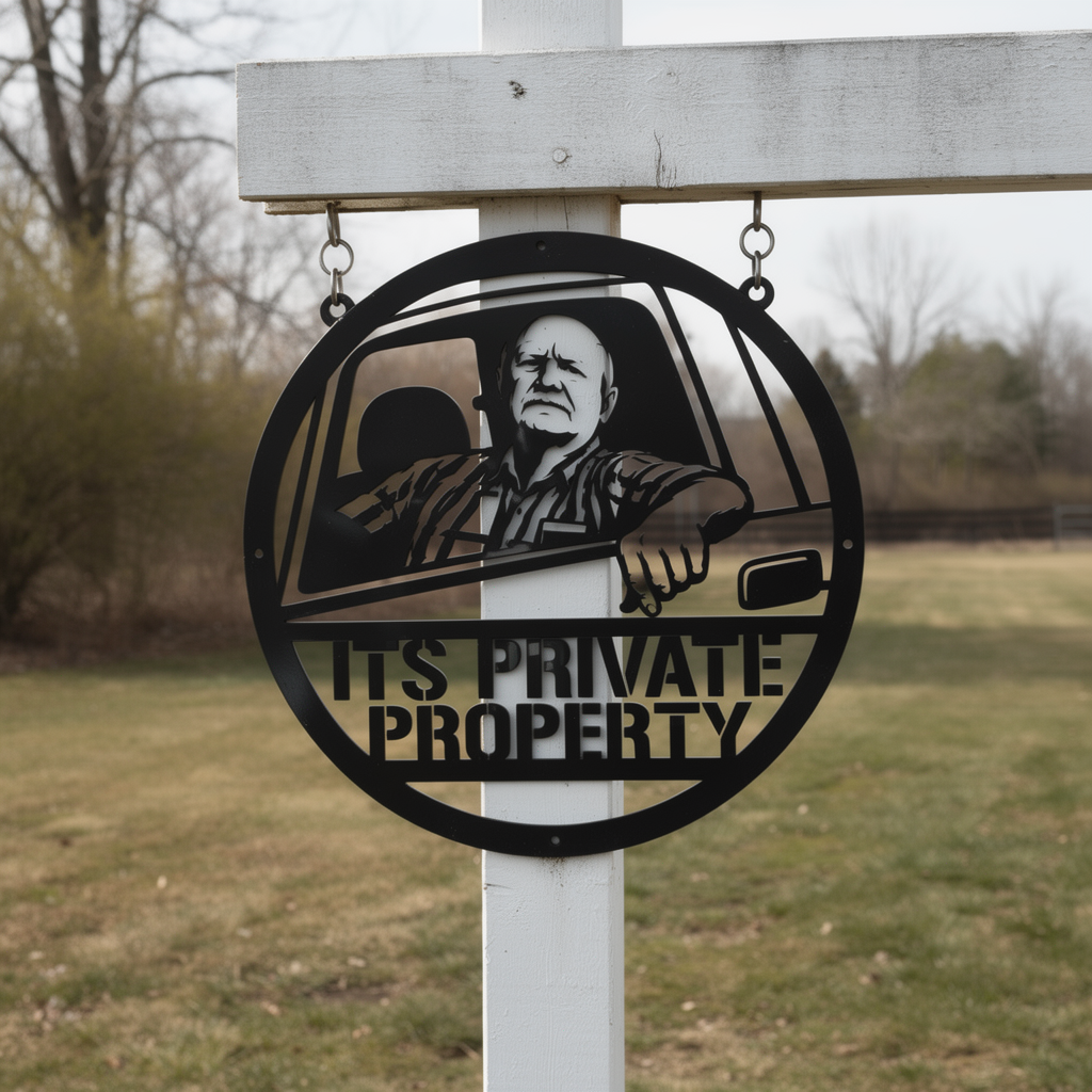 It's Private Property Metallschild rund mit Mann im Truck – Bild 3