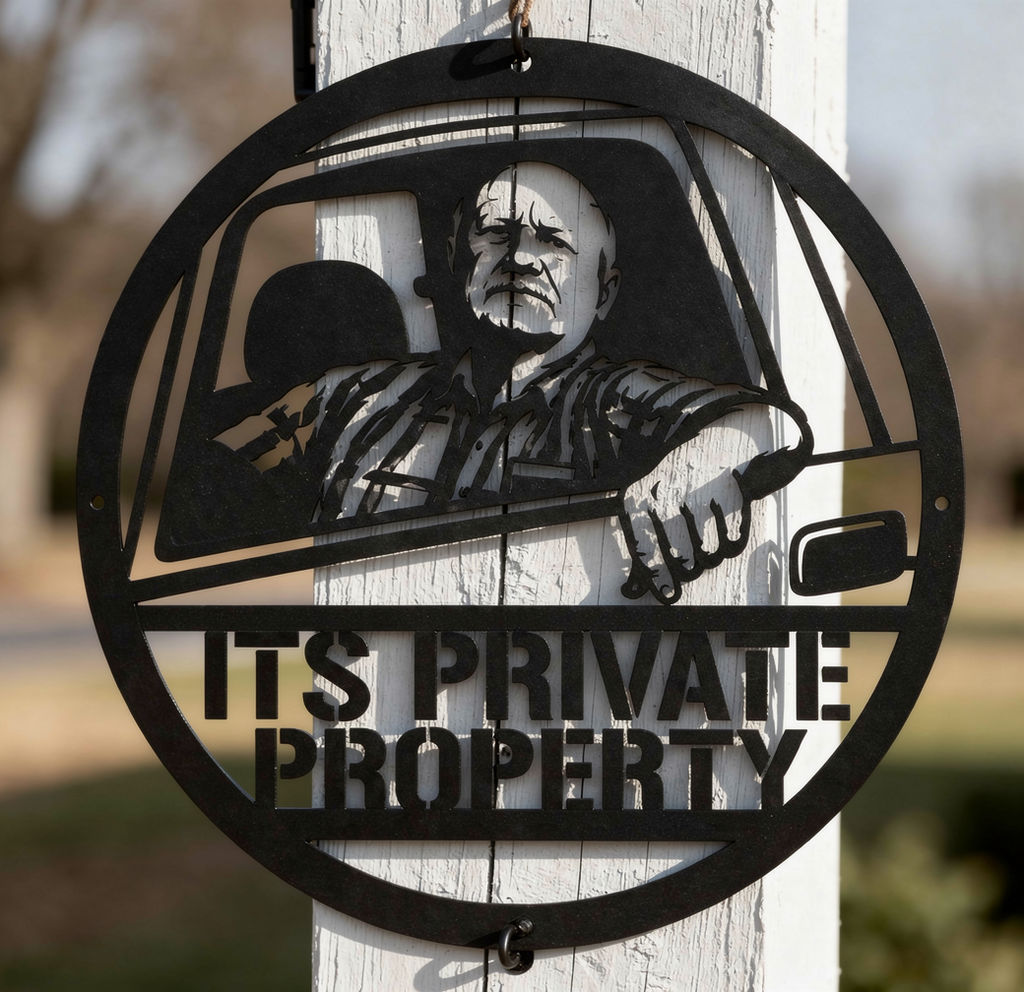 Round private property sign with man in pickup truck in black steel – image 4