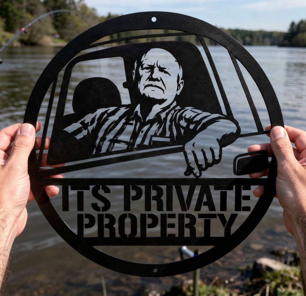 Round private property sign with man in pickup truck in black steel – image 6