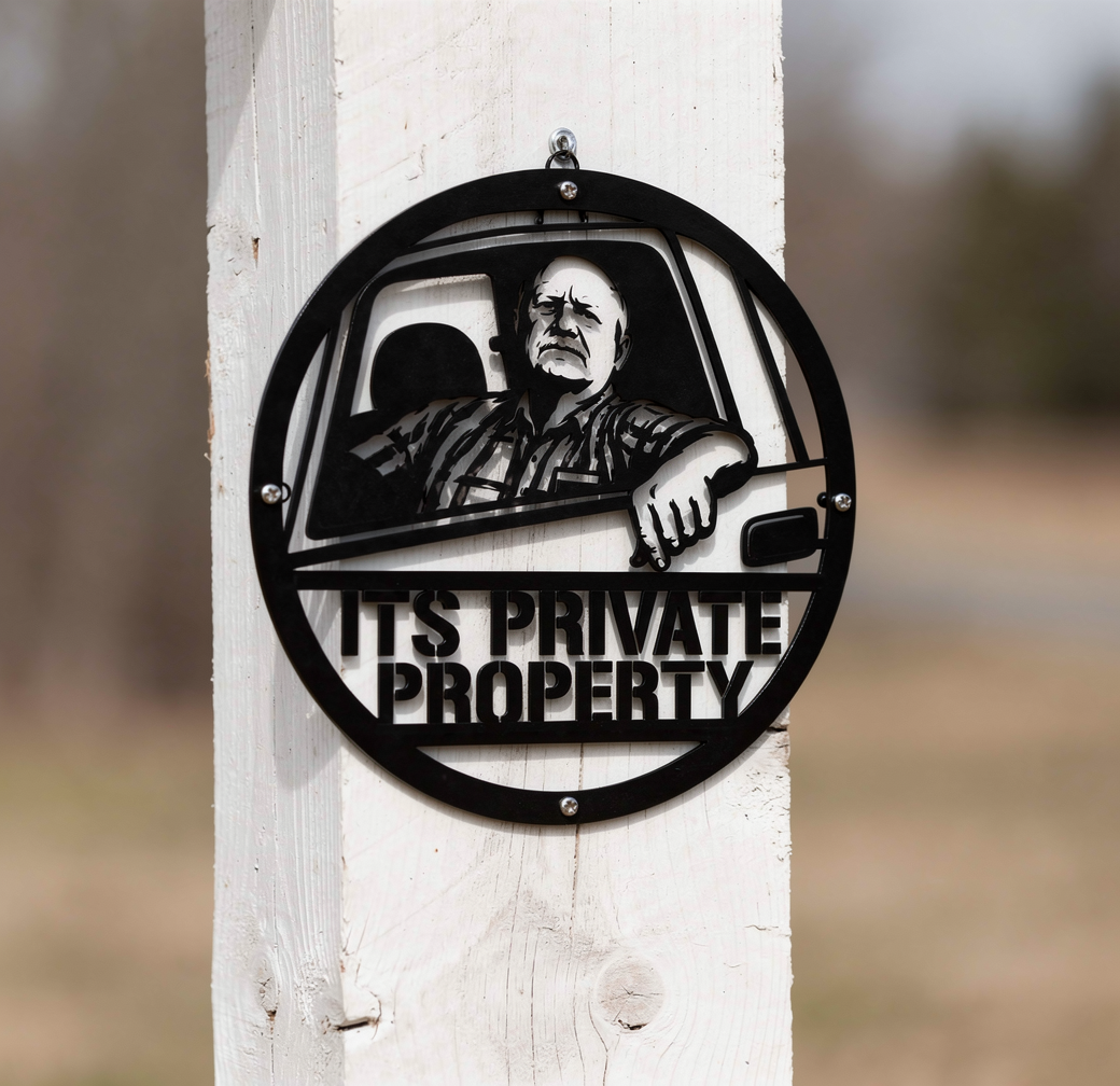 Round private property sign with man in pickup truck in black steel – image 7