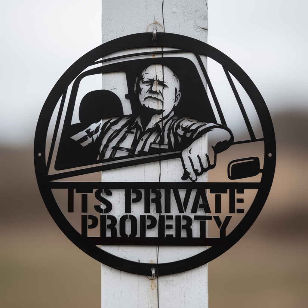 Round private property sign with man in pickup truck in black steel – image 8