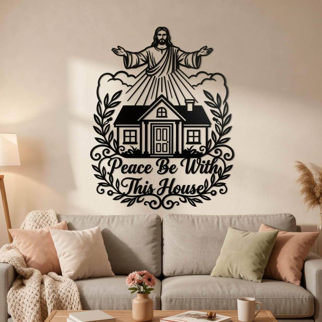 Segnender Jesus Peace be with this house Metallschild – Bild 3