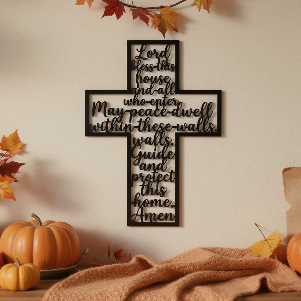 Haussegen Kreuz Lord Bless This House als Wanddeko aus schwarzem Stahl – Bild 3