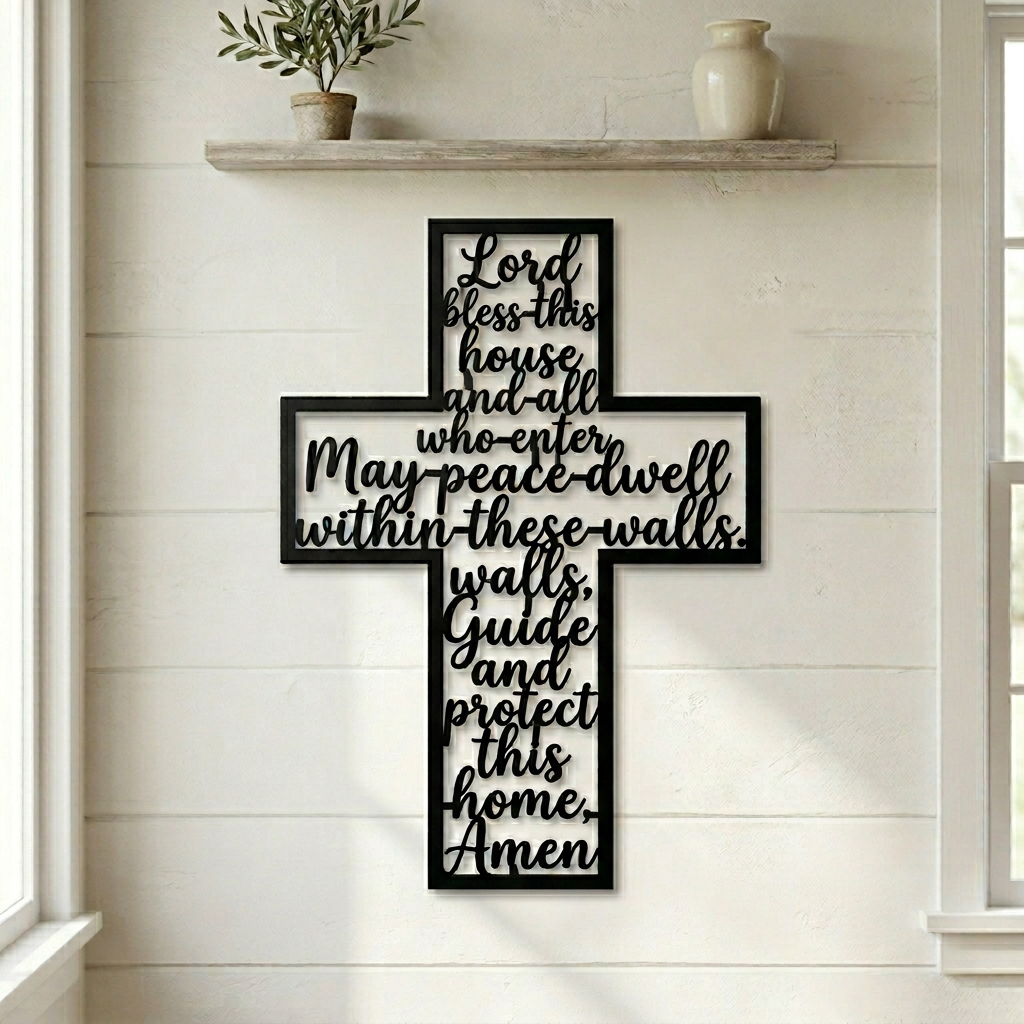 Haussegen Kreuz Lord Bless This House als Wanddeko aus schwarzem Stahl – Bild 10