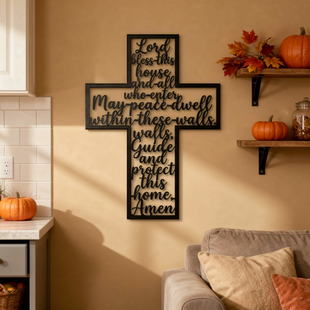 Haussegen Kreuz Lord Bless This House als Wanddeko aus schwarzem Stahl – Bild 5