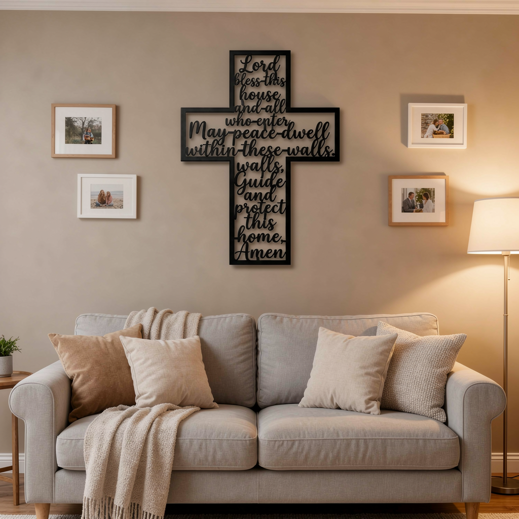 Haussegen Kreuz Lord Bless This House als Wanddeko aus schwarzem Stahl – Bild 7