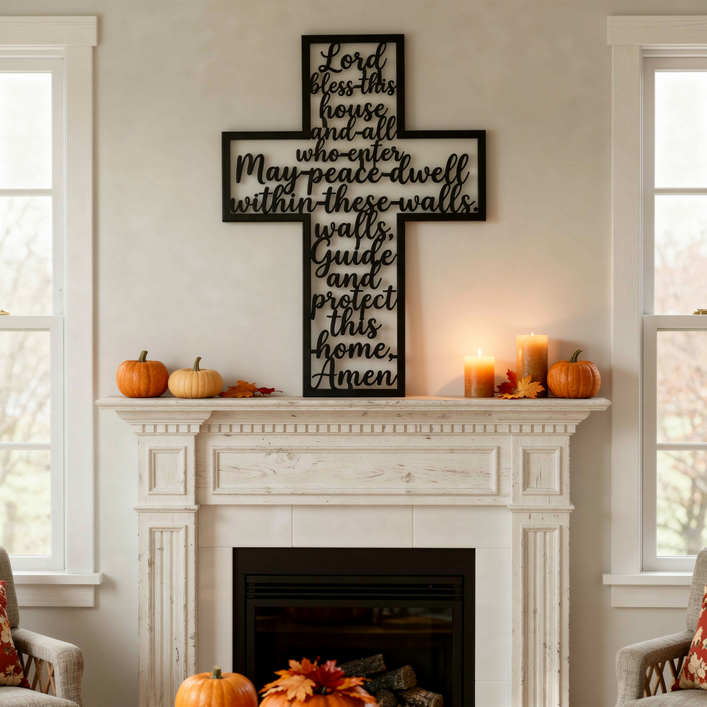 Haussegen Kreuz Lord Bless This House als Wanddeko aus schwarzem Stahl – Bild 8
