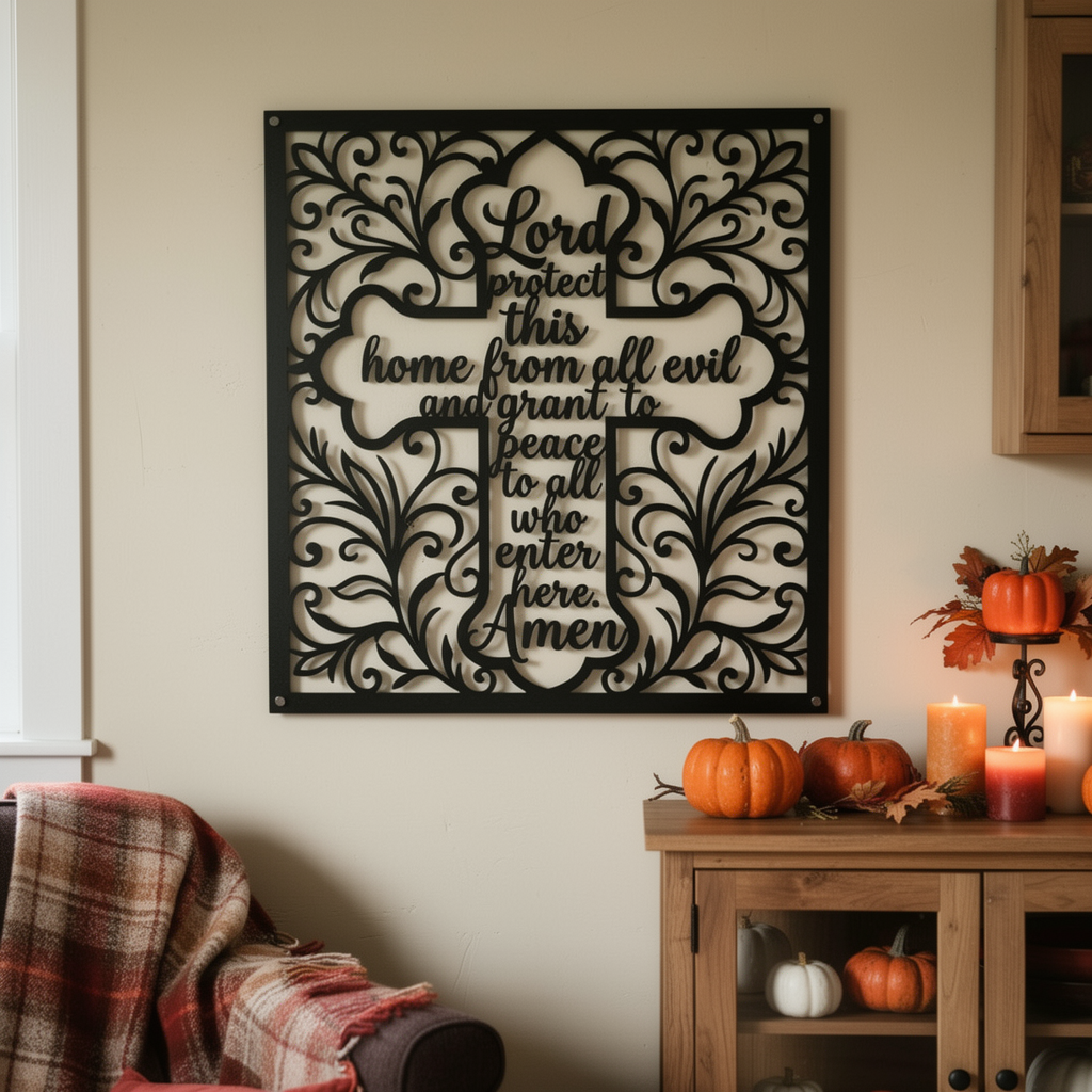 Square cross metal sign with Lord Protect This Home in black steel – image 3