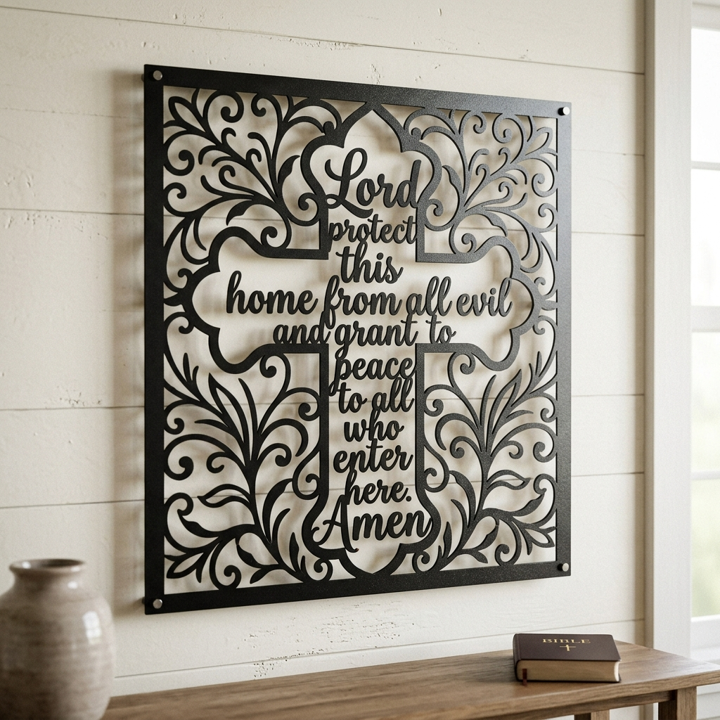 Square cross metal sign with Lord Protect This Home in black steel – image 10