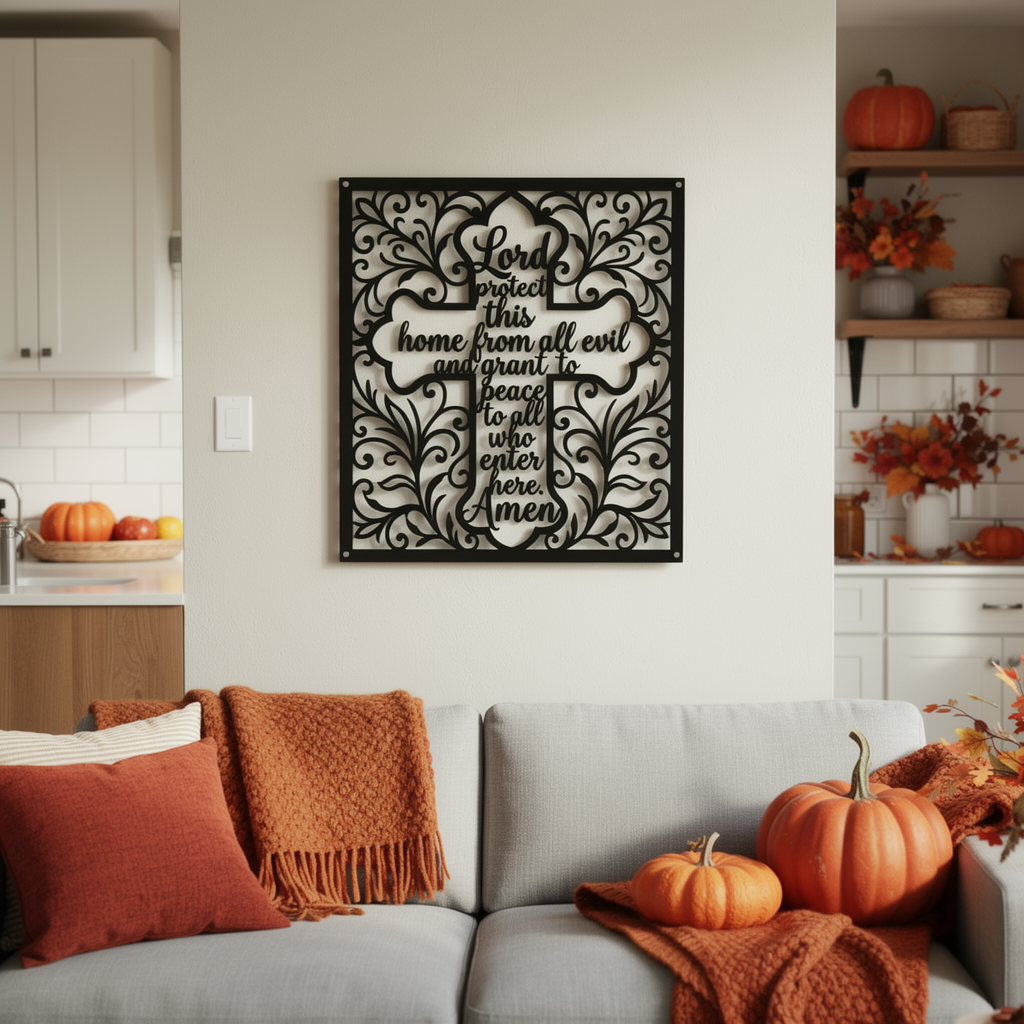 Square cross metal sign with Lord Protect This Home in black steel – image 5