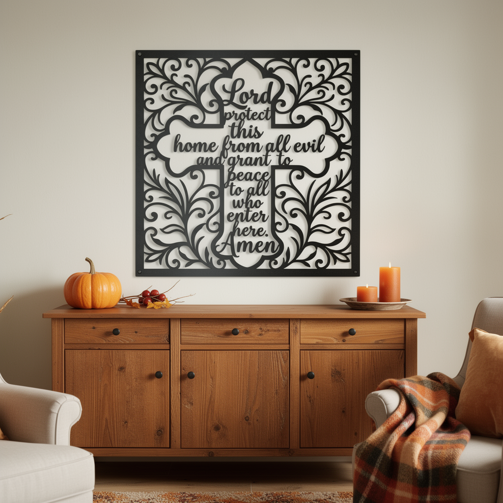 Square cross metal sign with Lord Protect This Home in black steel – image 6