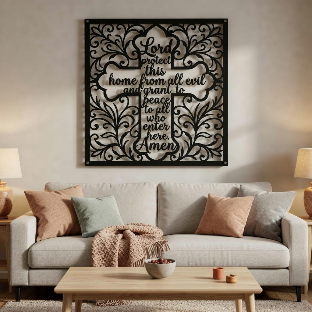 Square cross metal sign with Lord Protect This Home in black steel – image 7