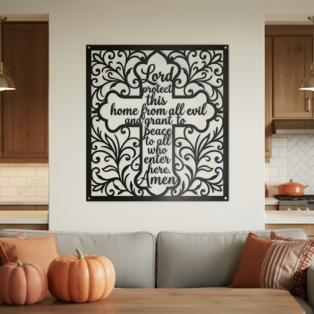 Square cross metal sign with Lord Protect This Home in black steel – image 8