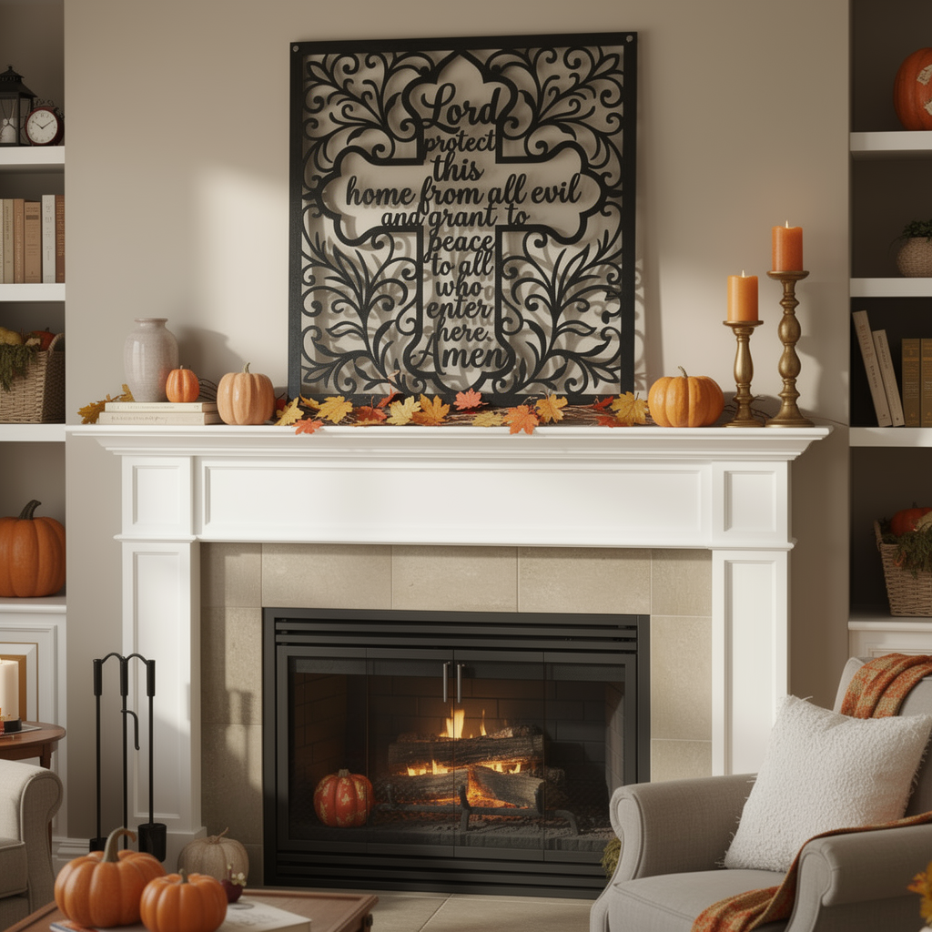 Square cross metal sign with Lord Protect This Home in black steel – image 9