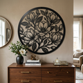 Round magnolia flower metal wall art with branches and buds in black steel