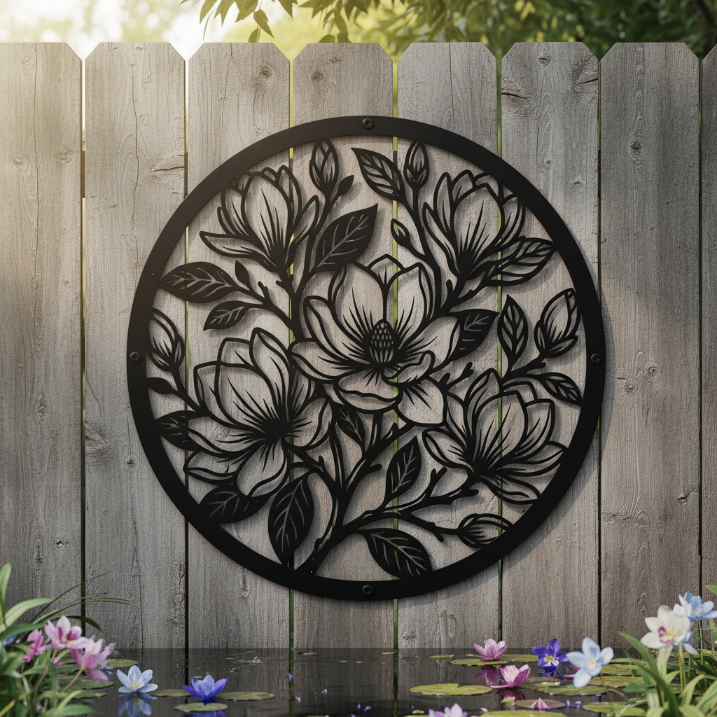Round magnolia flower metal wall art with branches and buds in black steel – image 10