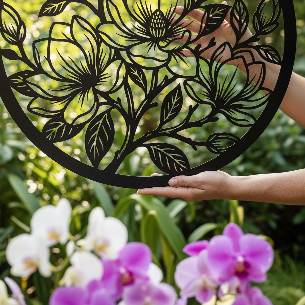 Round magnolia flower metal wall art with branches and buds in black steel – image 11