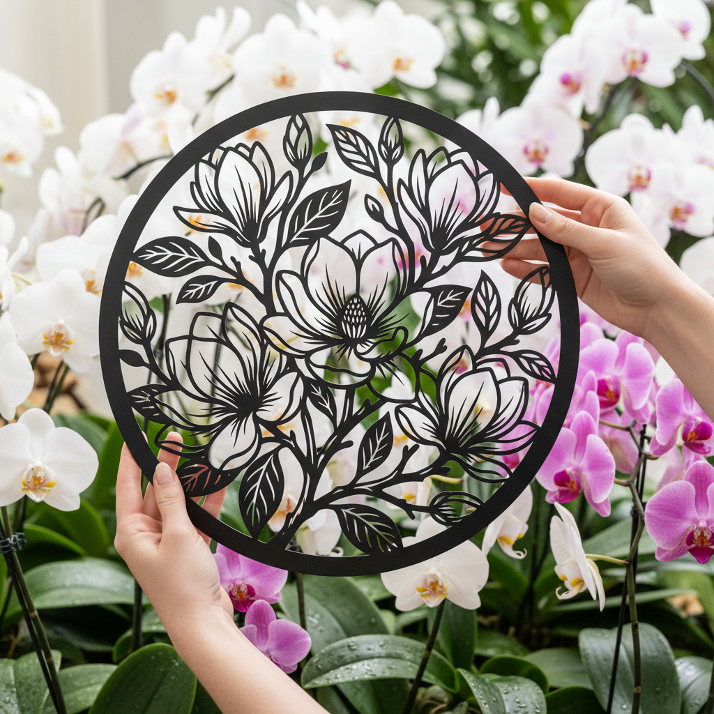Round magnolia flower metal wall art with branches and buds in black steel – image 12