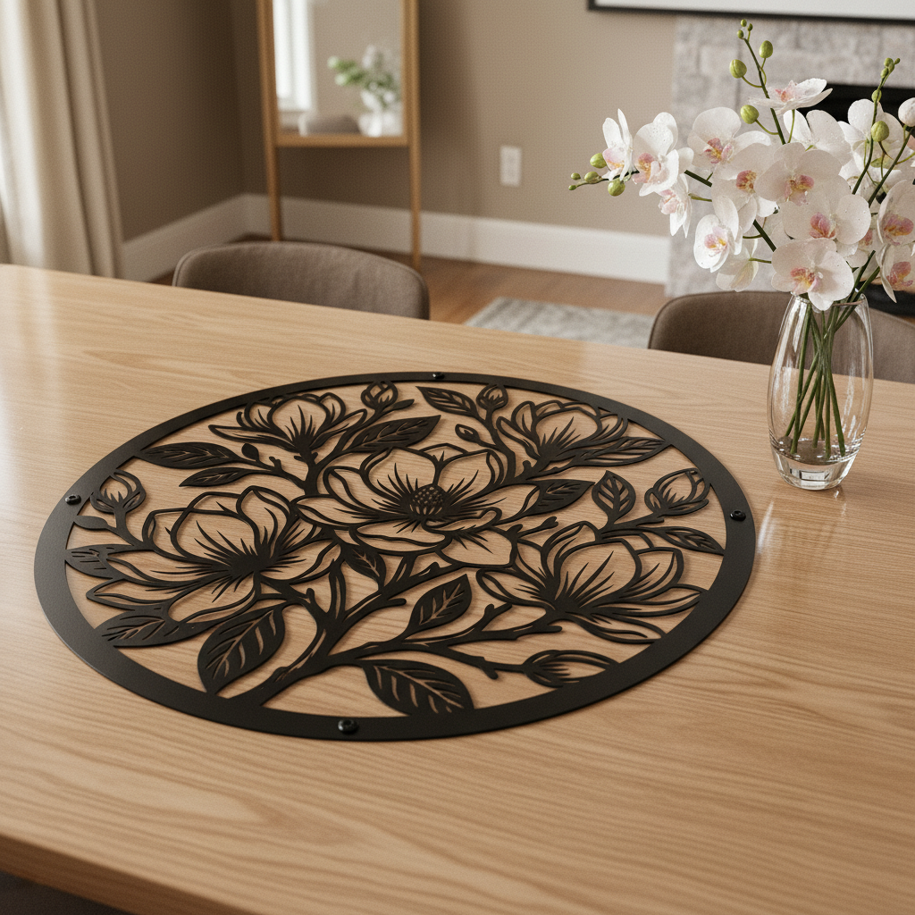 Round magnolia flower metal wall art with branches and buds in black steel – image 13