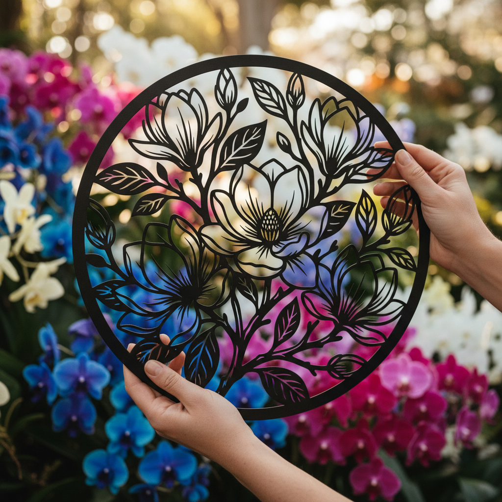 Round magnolia flower metal wall art with branches and buds in black steel – image 14