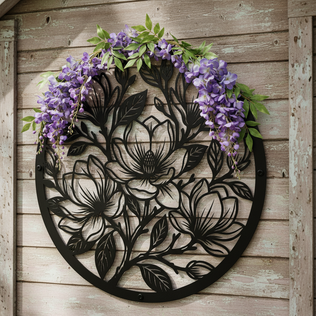 Round magnolia flower metal wall art with branches and buds in black steel – image 15