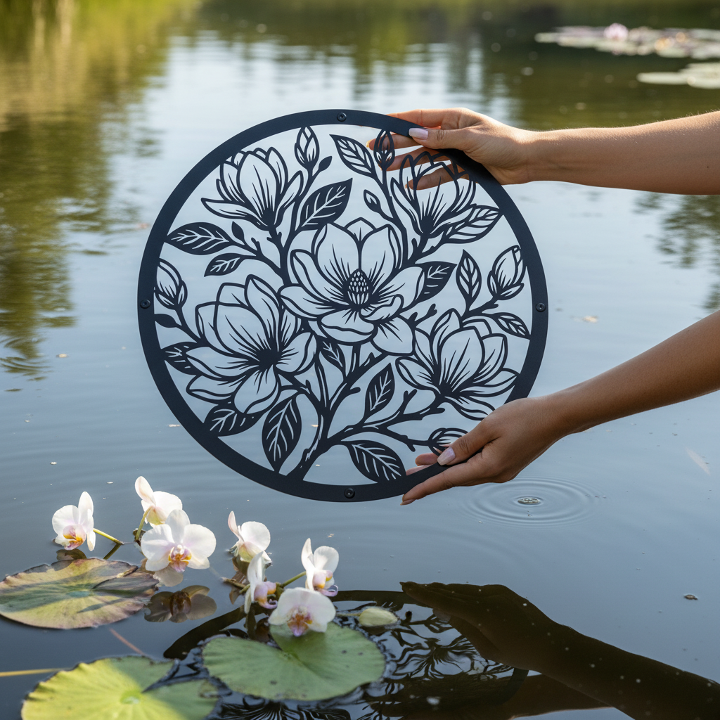 Round magnolia flower metal wall art with branches and buds in black steel – image 16