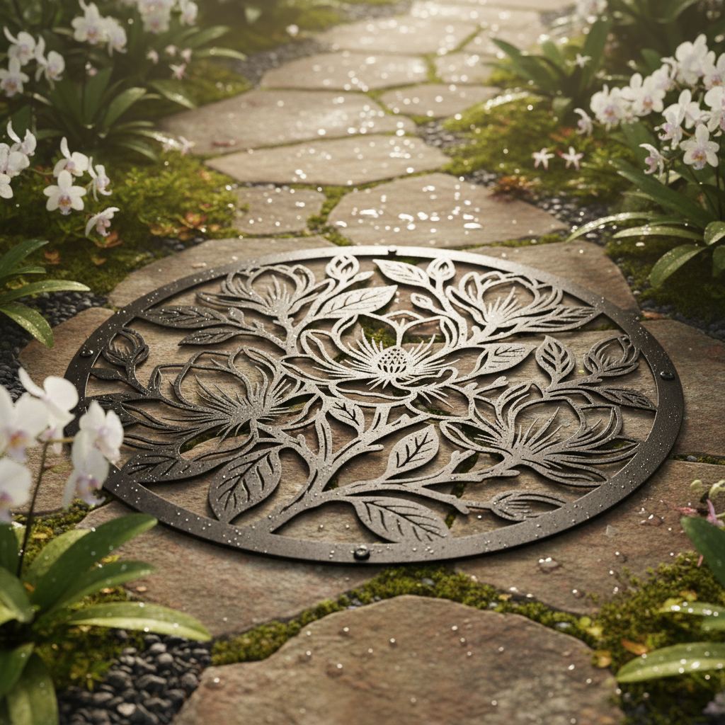Round magnolia flower metal wall art with branches and buds in black steel – image 17