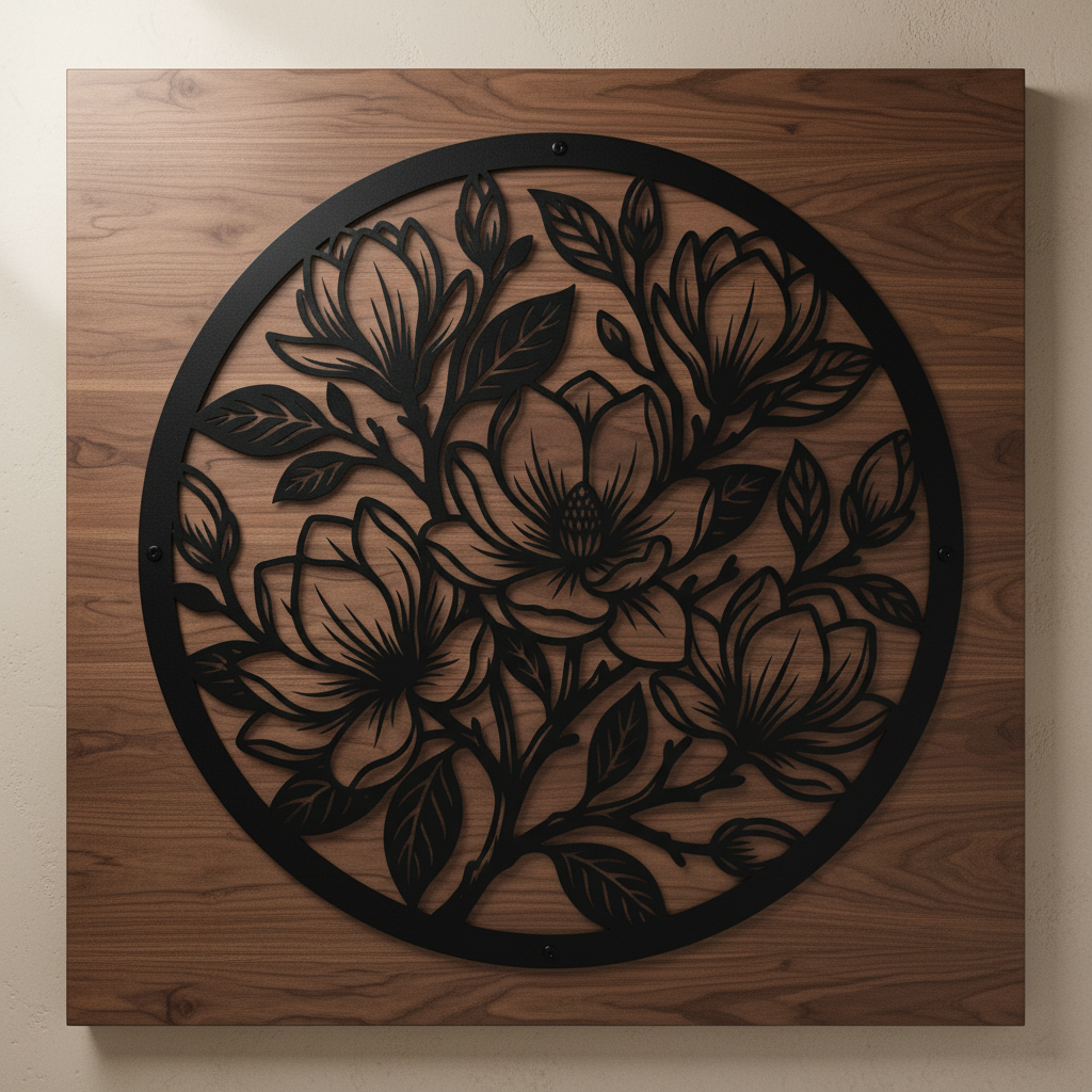 Round magnolia flower metal wall art with branches and buds in black steel – image 3