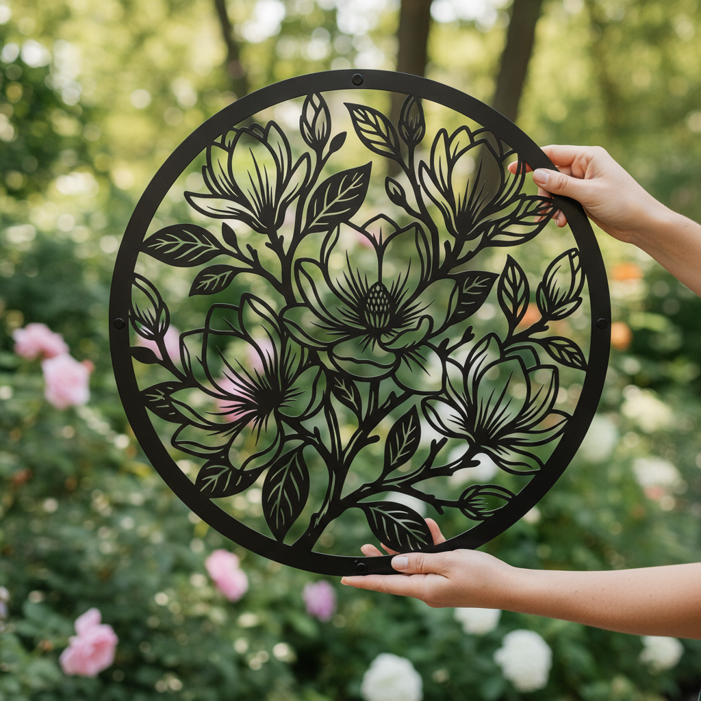 Round magnolia flower metal wall art with branches and buds in black steel – image 6