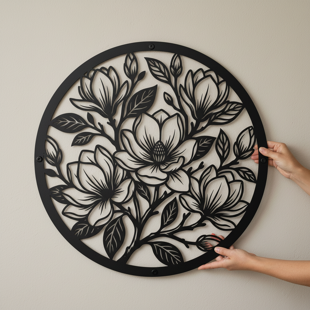 Round magnolia flower metal wall art with branches and buds in black steel – image 2