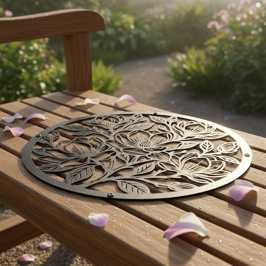 Round magnolia flower metal wall art with branches and buds in black steel – image 7
