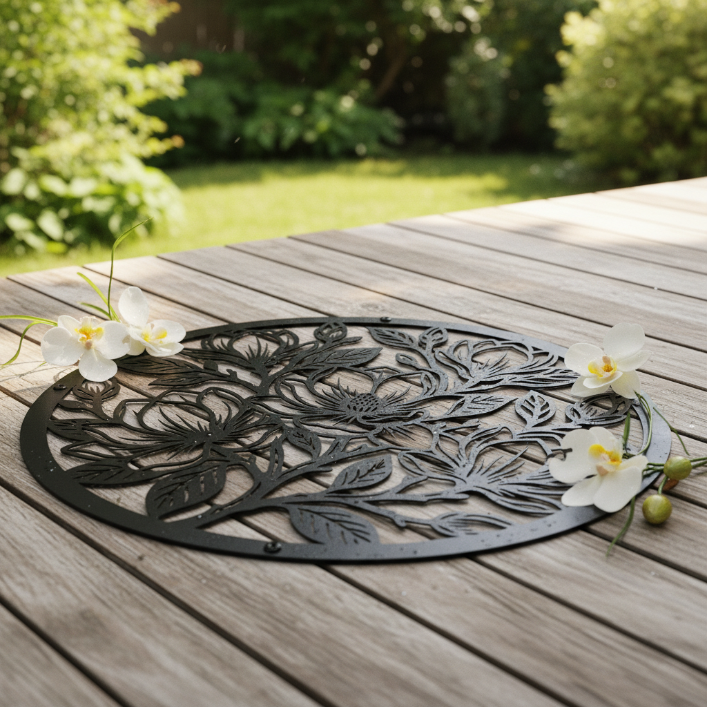 Round magnolia flower metal wall art with branches and buds in black steel – image 8
