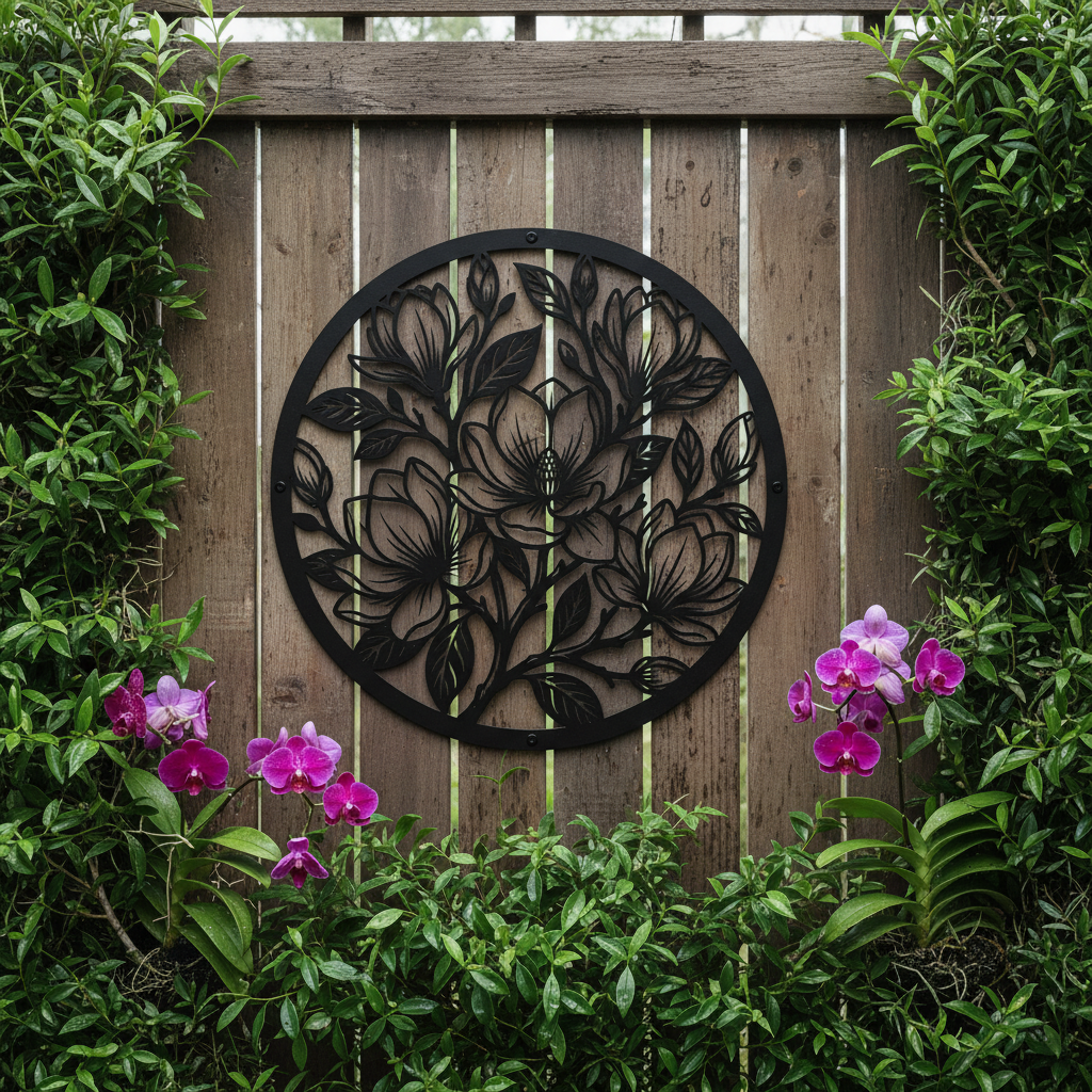 Round magnolia flower metal wall art with branches and buds in black steel – image 9