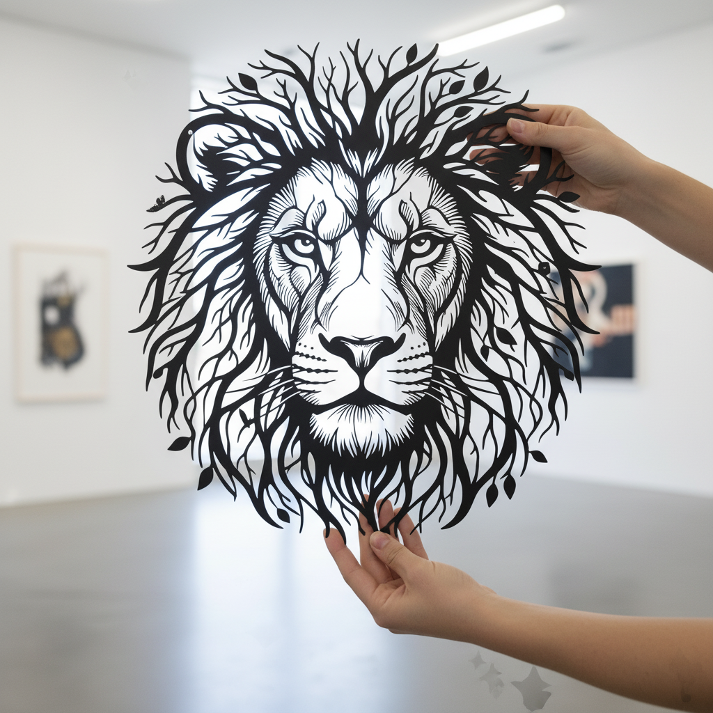 Lion head with tree of life mane as black steel metal wall art – image 10