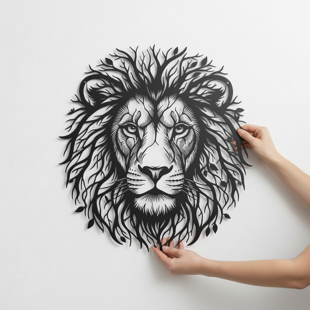 Lion head with tree of life mane as black steel metal wall art – image 14