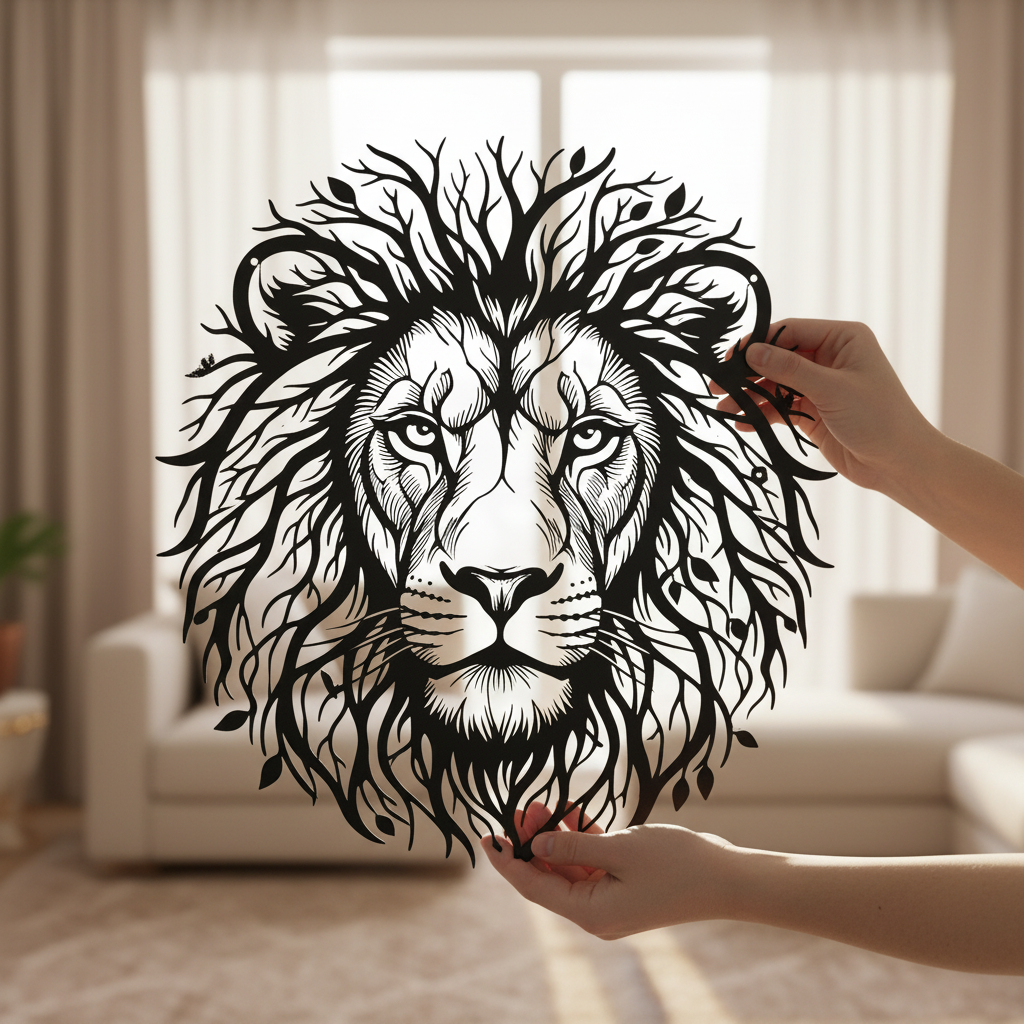 Lion head with tree of life mane as black steel metal wall art – image 15
