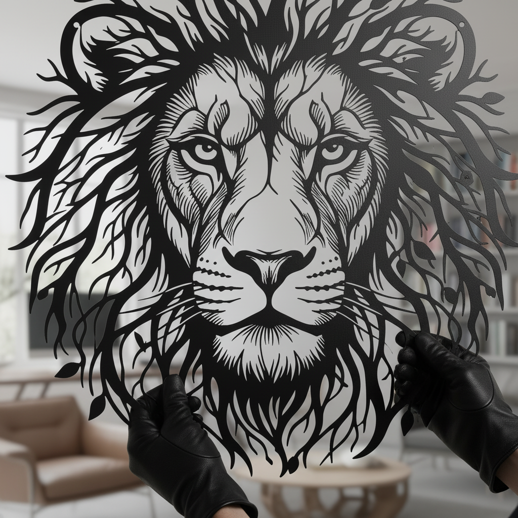 Lion head with tree of life mane as black steel metal wall art – image 16