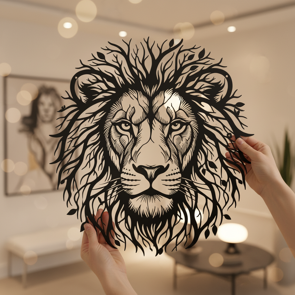 Lion head with tree of life mane as black steel metal wall art – image 17