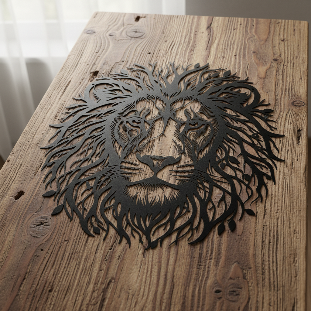 Lion head with tree of life mane as black steel metal wall art – image 2