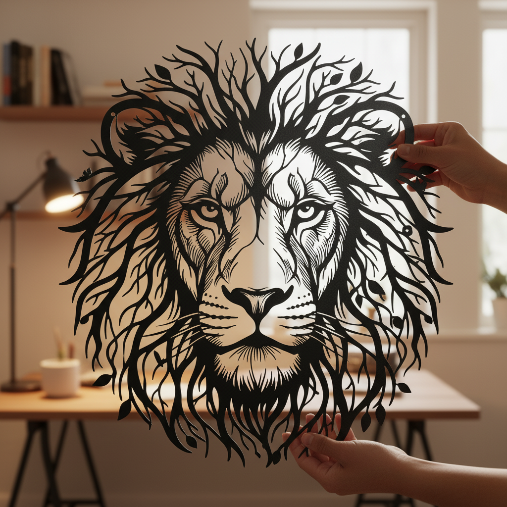 Lion head with tree of life mane as black steel metal wall art – image 6