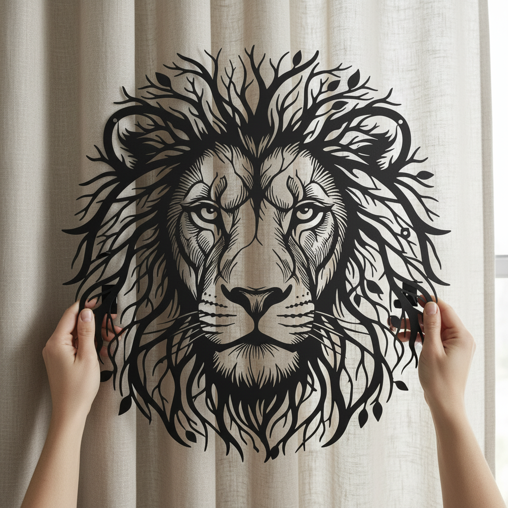 Lion head with tree of life mane as black steel metal wall art – image 7