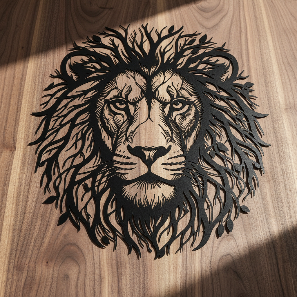 Lion head with tree of life mane as black steel metal wall art – image 8