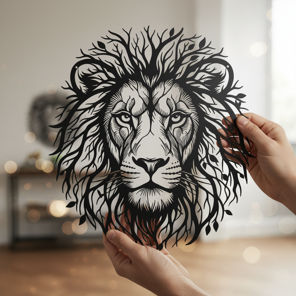 Lion head with tree of life mane as black steel metal wall art – image 9