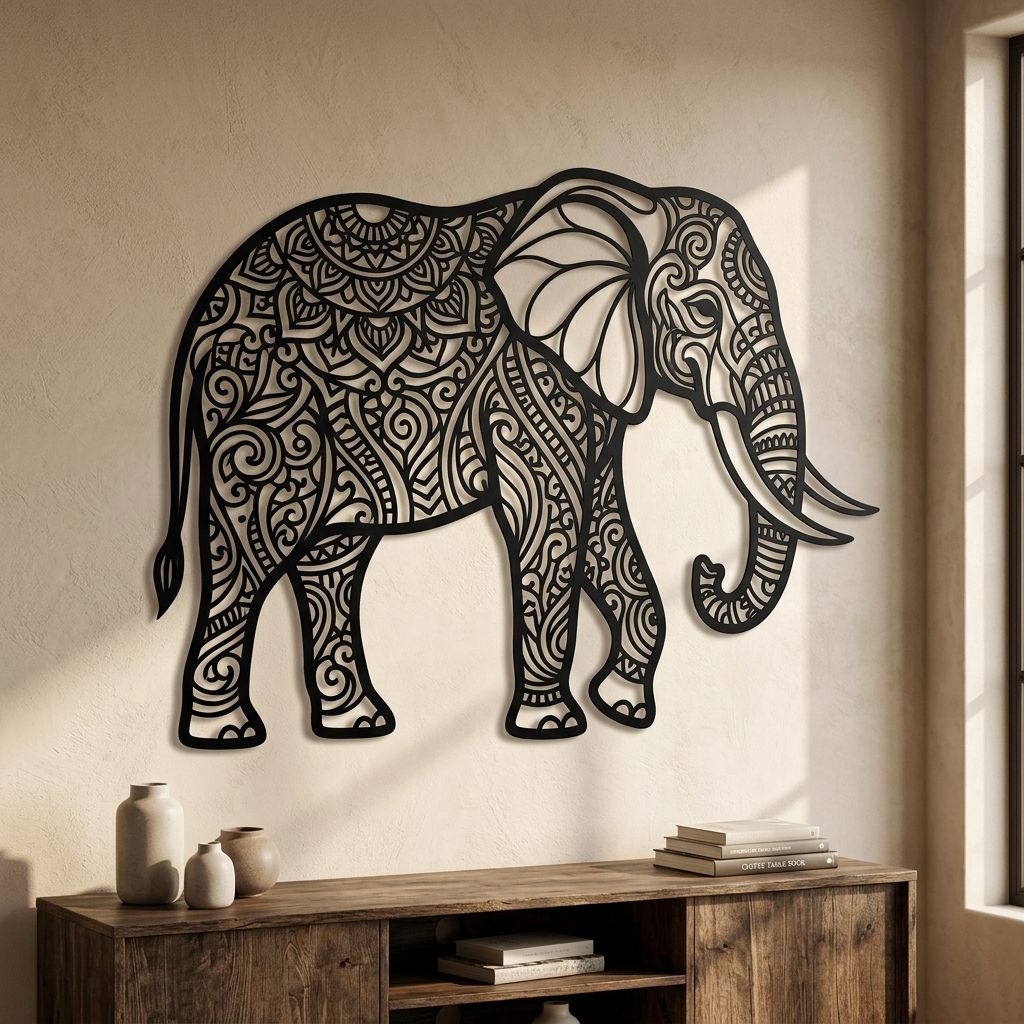 Elefant Wanddeko aus Metall mit filigranen Mandala-Mustern in Schwarz – Bild 10