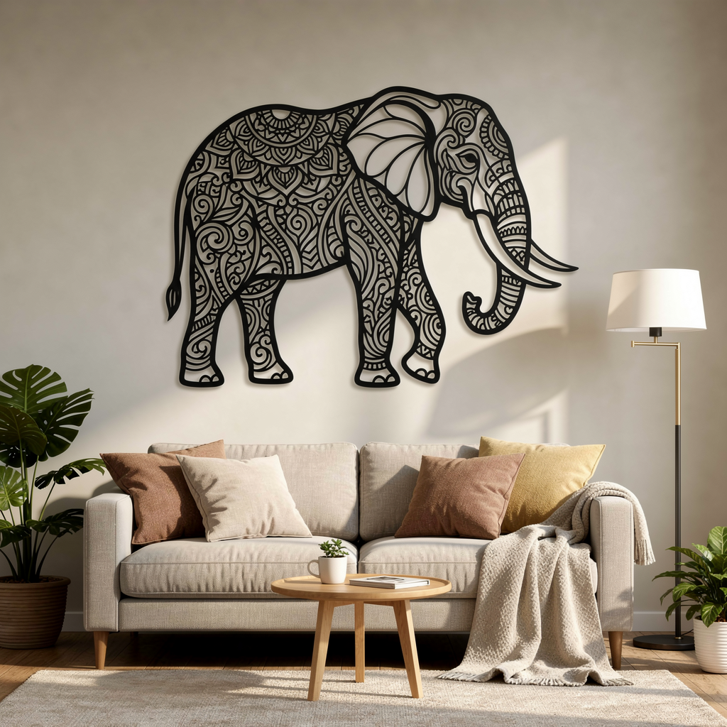 Elefant Wanddeko aus Metall mit filigranen Mandala-Mustern in Schwarz – Bild 2