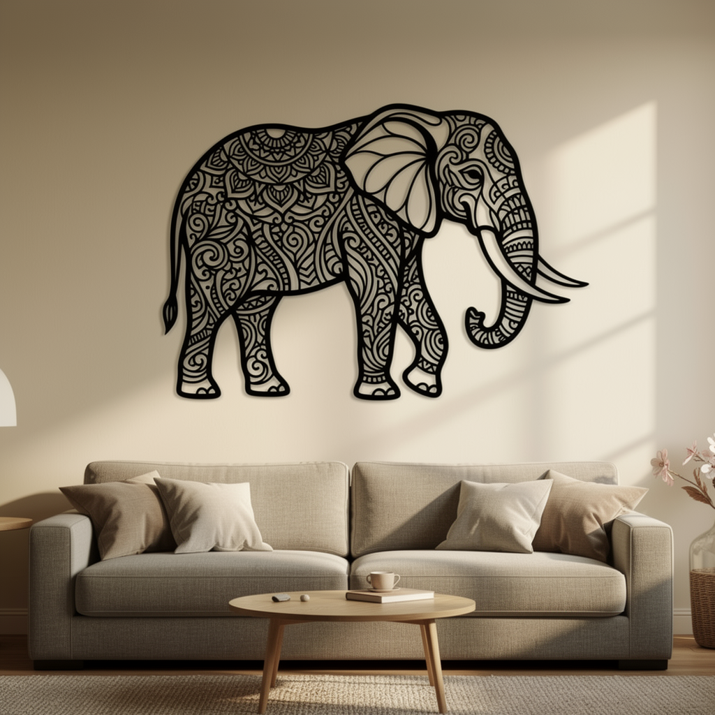 Elefant Wanddeko aus Metall mit filigranen Mandala-Mustern in Schwarz – Bild 6